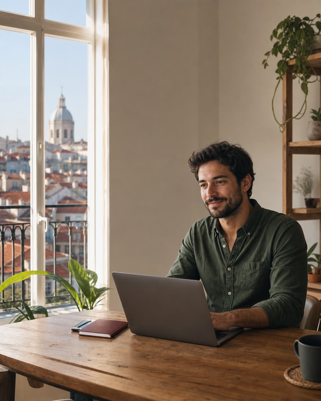Profissional remoto trabalhando em um apartamento europeu